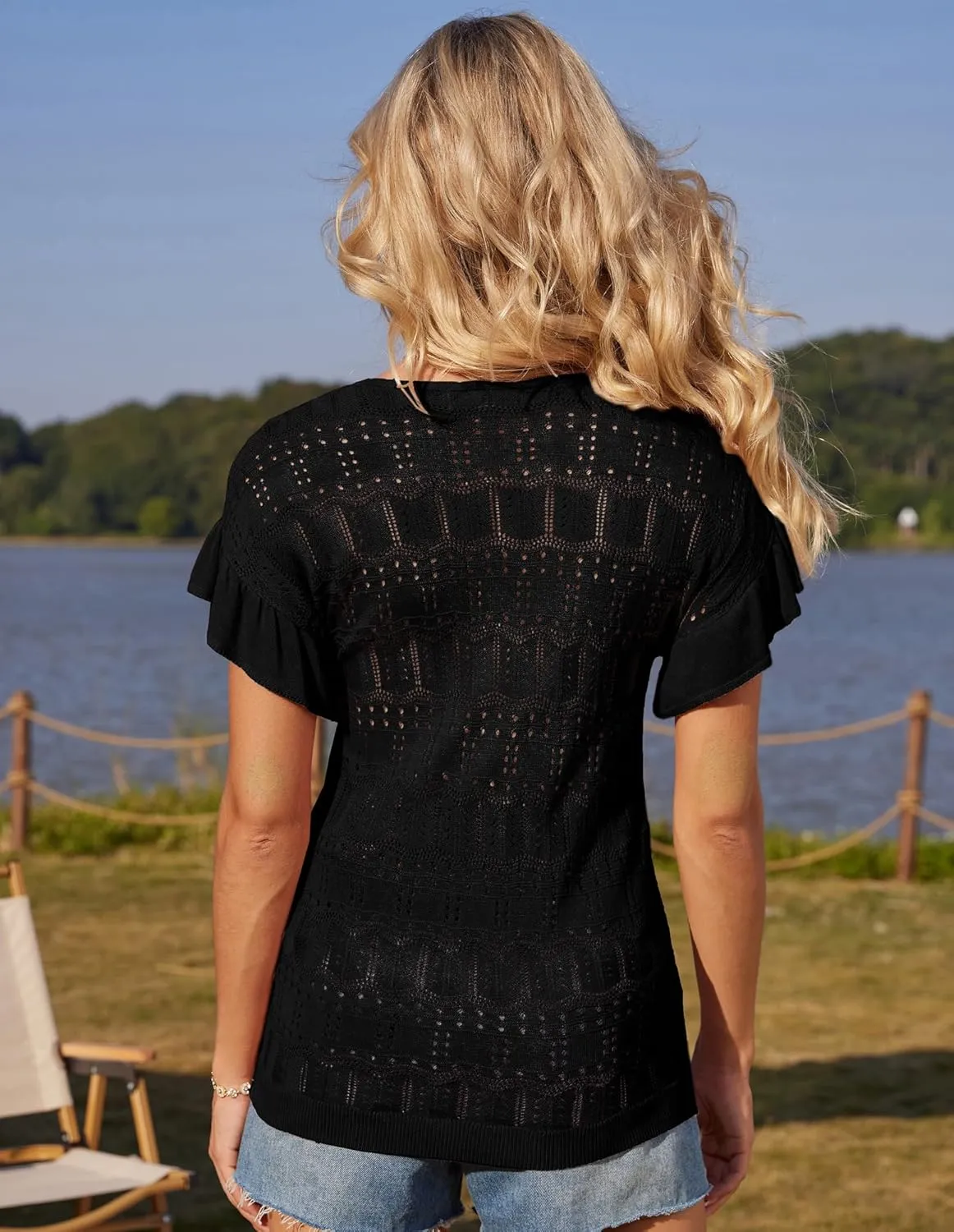 GRACE KARIN Women Hollow Out Crochet Knit V-Neck Sweater Ruffle Short Sleeve Casual Loose Fit Lightweight Summer Top