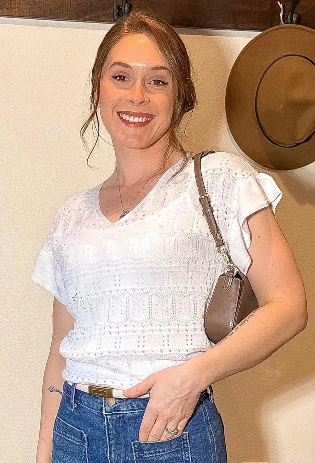 GRACE KARIN Women Hollow Out Crochet Knit V-Neck Sweater Ruffle Short Sleeve Casual Loose Fit Lightweight Summer Top