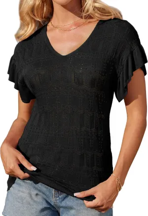 GRACE KARIN Women Hollow Out Crochet Knit V-Neck Sweater Ruffle Short Sleeve Casual Loose Fit Lightweight Summer Top