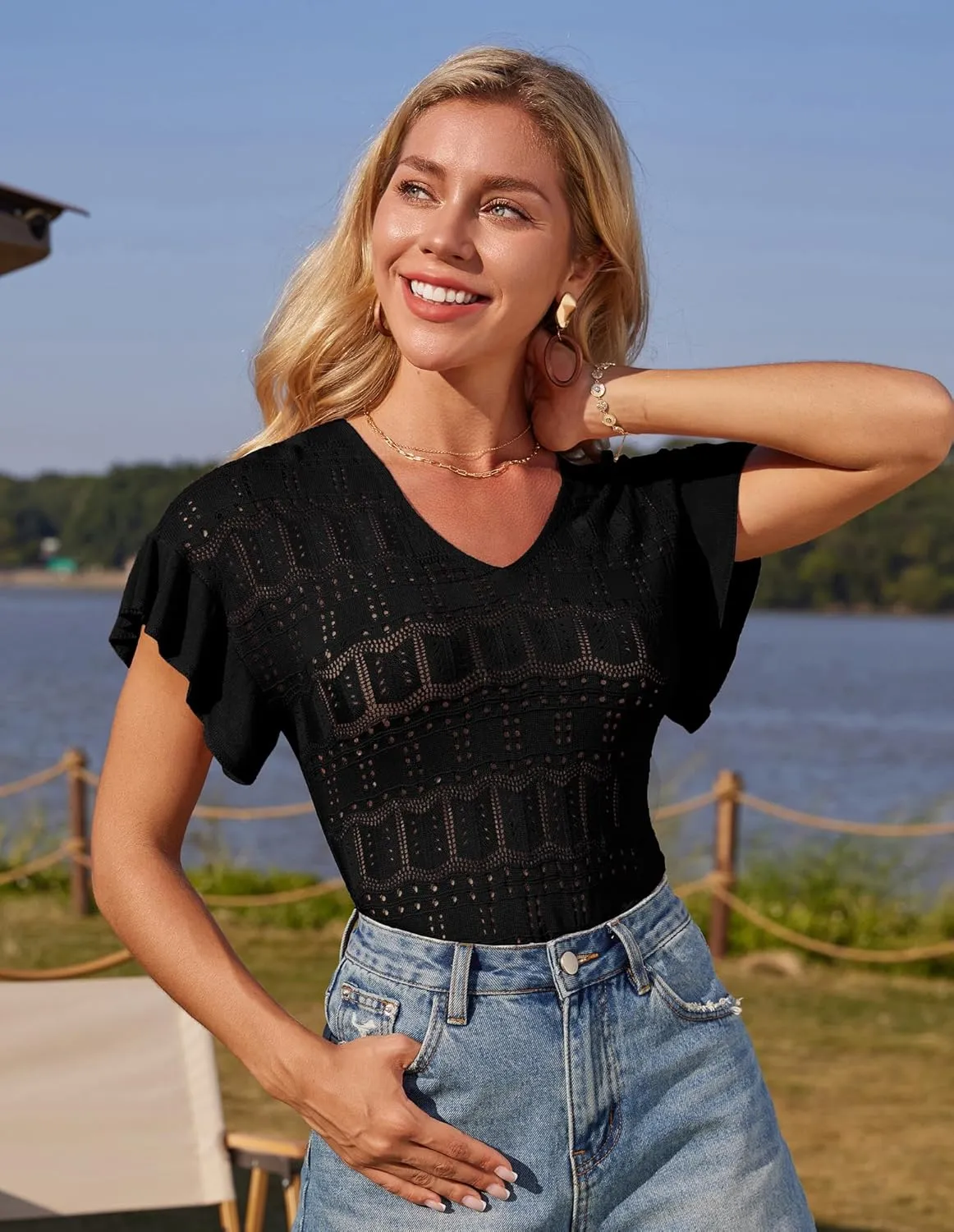 GRACE KARIN Women Hollow Out Crochet Knit V-Neck Sweater Ruffle Short Sleeve Casual Loose Fit Lightweight Summer Top