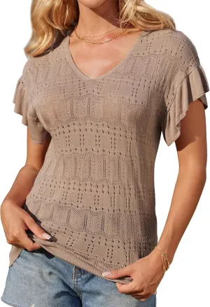 GRACE KARIN Women Hollow Out Crochet Knit V-Neck Sweater Ruffle Short Sleeve Casual Loose Fit Lightweight Summer Top