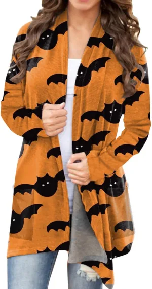Halloween Cardigan for Women Funny Pumpkin Cat Printed Kimono Plus Size Lightweight Loungewear with Pocket