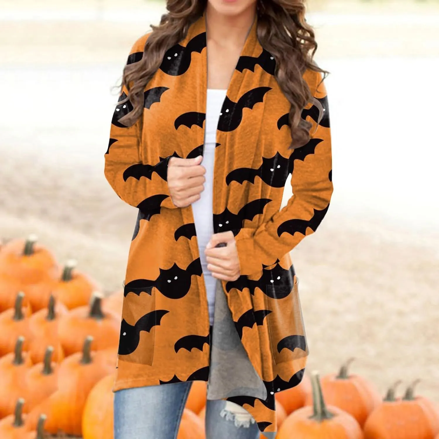 Halloween Cardigan for Women Funny Pumpkin Cat Printed Kimono Plus Size Lightweight Loungewear with Pocket