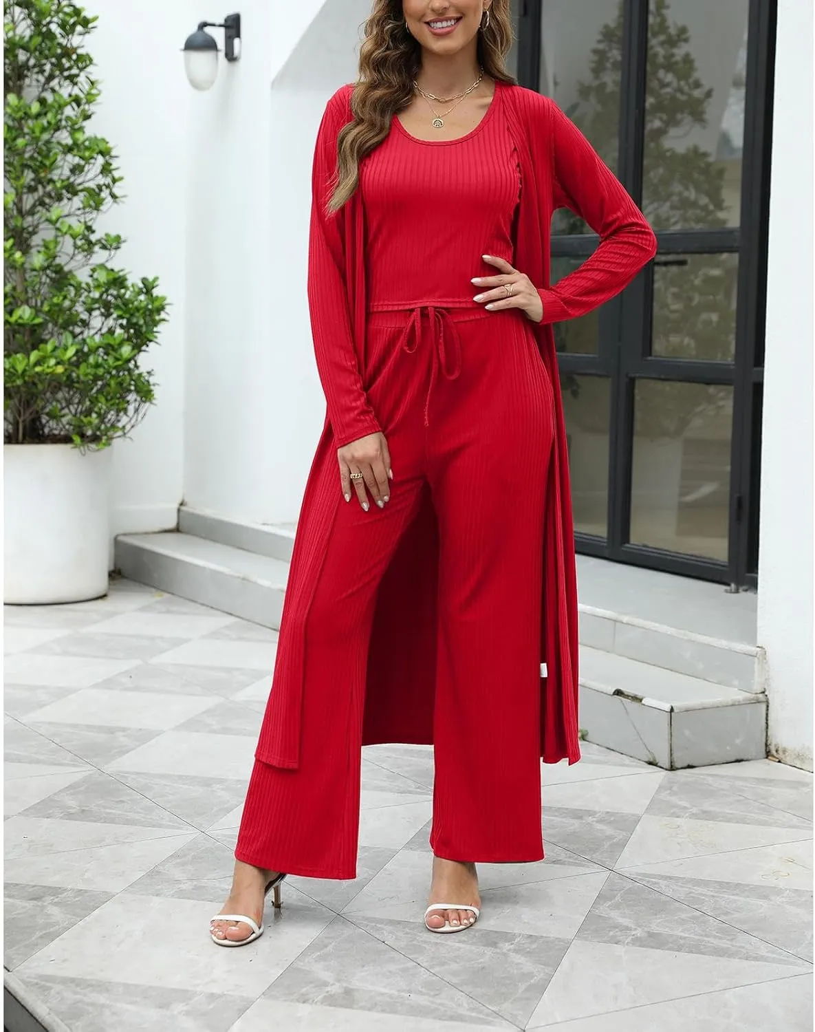 HANMAX Womens 3 Piece Outfits Lounge Sets Ribbed Knit Matching Loungewear Set
