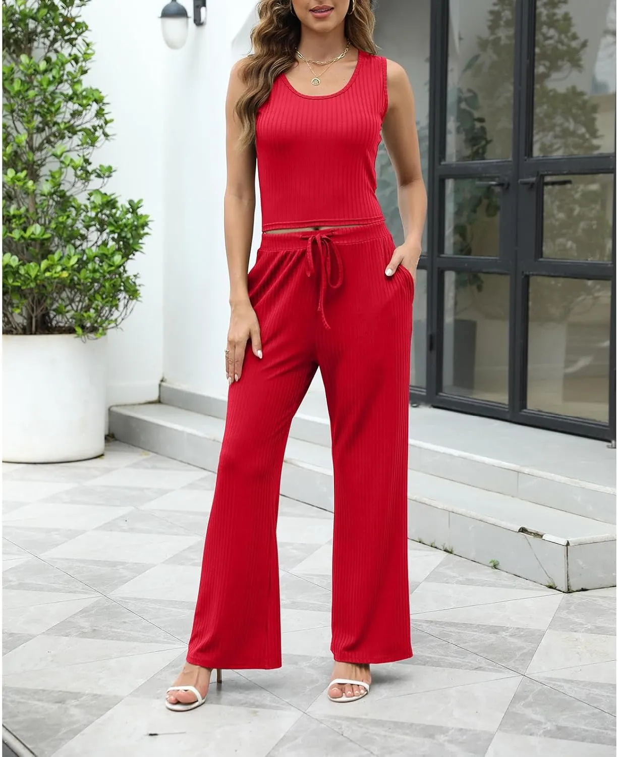 HANMAX Womens 3 Piece Outfits Lounge Sets Ribbed Knit Matching Loungewear Set