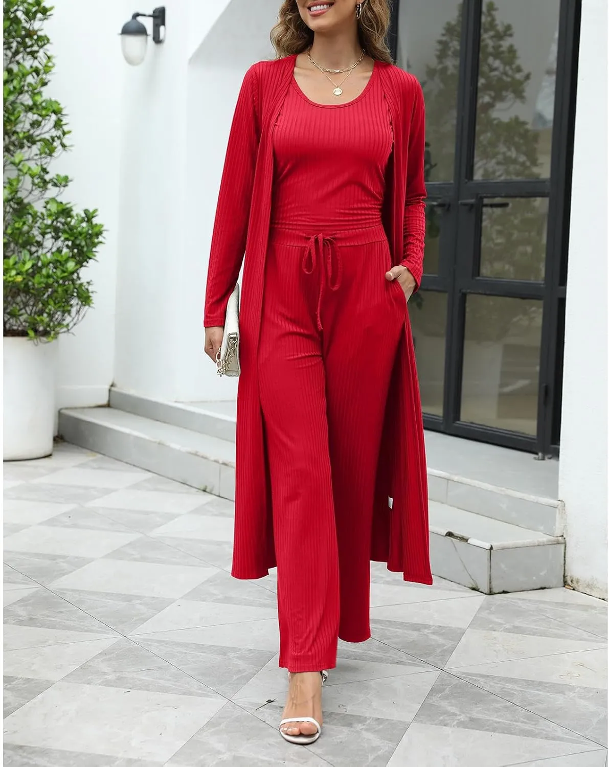 HANMAX Womens 3 Piece Outfits Lounge Sets Ribbed Knit Matching Loungewear Set