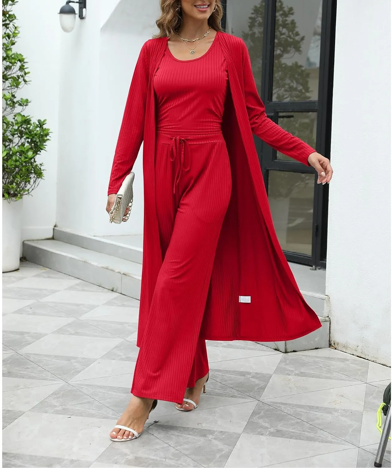 HANMAX Womens 3 Piece Outfits Lounge Sets Ribbed Knit Matching Loungewear Set