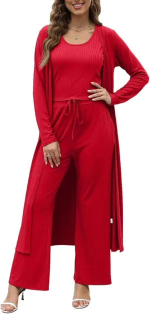 HANMAX Womens 3 Piece Outfits Lounge Sets Ribbed Knit Matching Loungewear Set