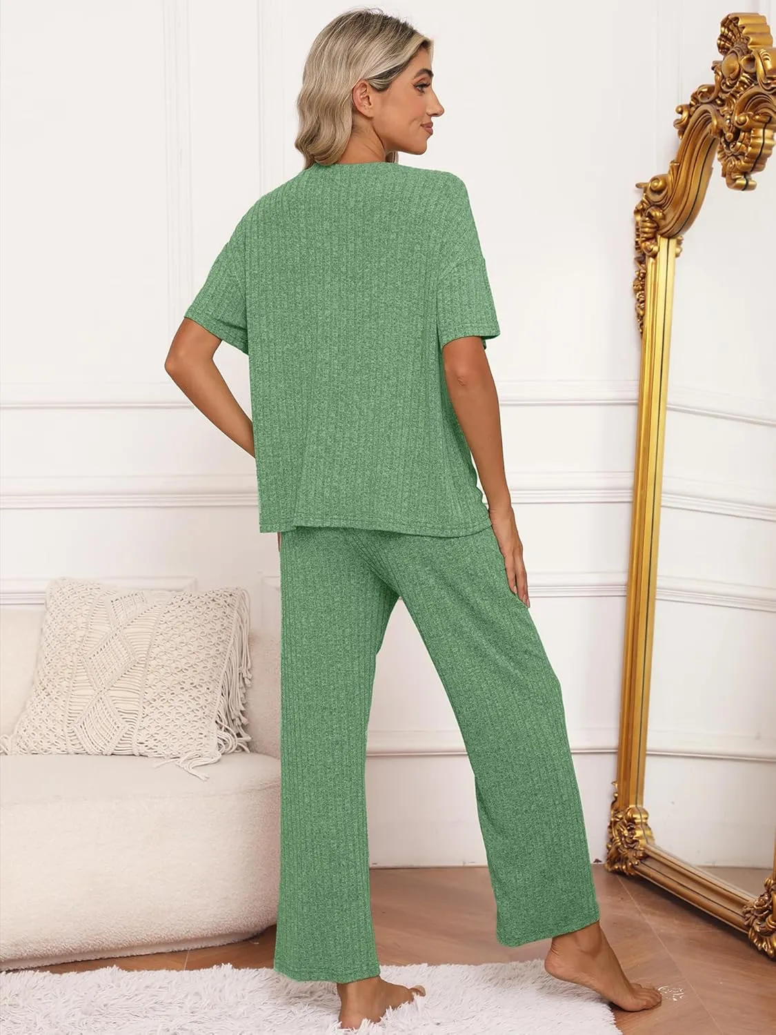 Heymoments Pajamas for Women Ribbed Knit Lounge Set Short Sleeve Top and Sleepwear Pants with Pockets S-XXL