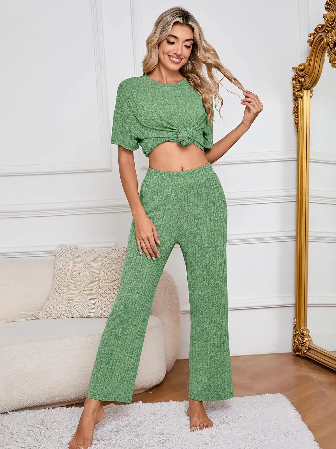 Heymoments Pajamas for Women Ribbed Knit Lounge Set Short Sleeve Top and Sleepwear Pants with Pockets S-XXL