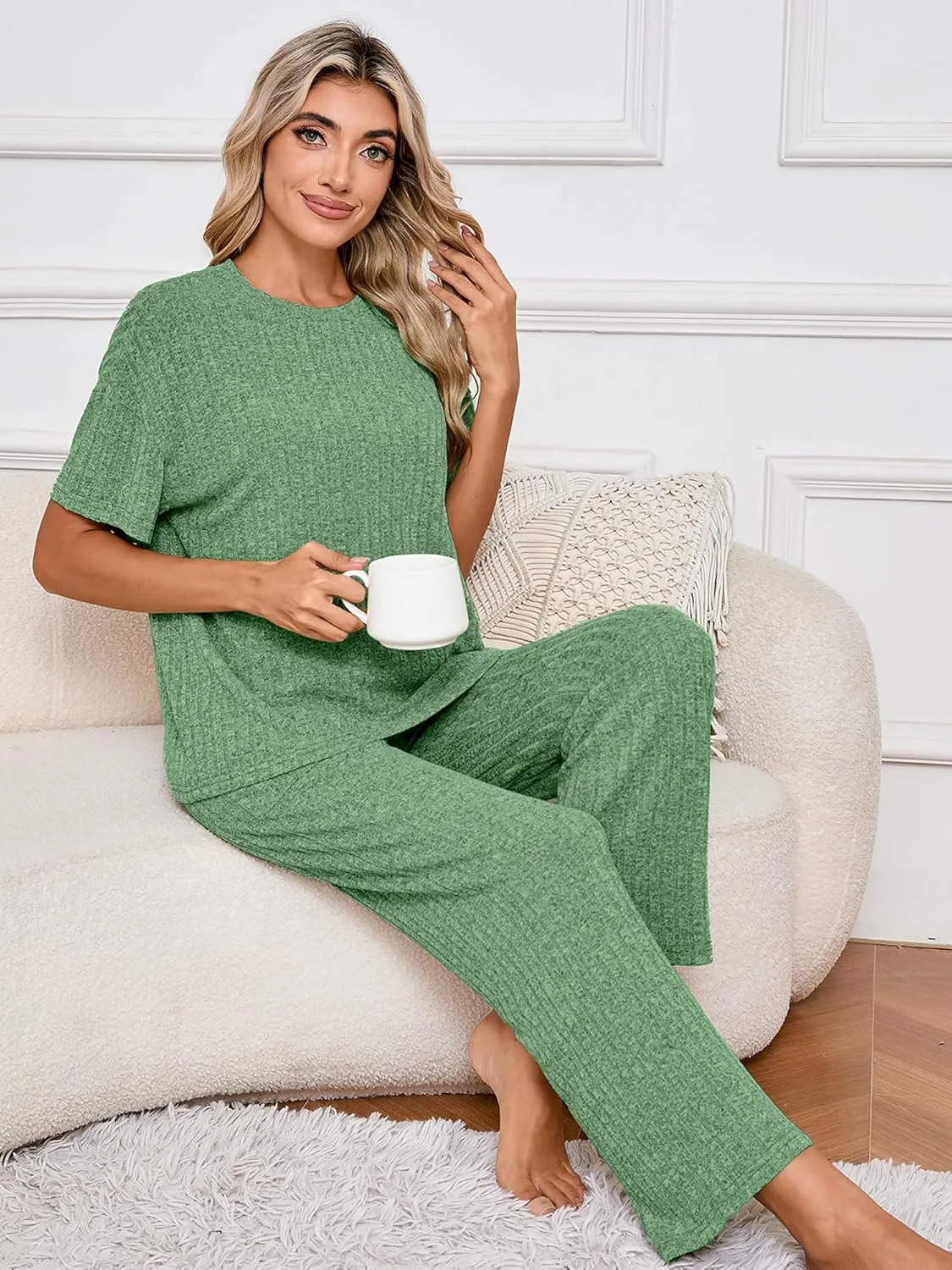 Heymoments Pajamas for Women Ribbed Knit Lounge Set Short Sleeve Top and Sleepwear Pants with Pockets S-XXL