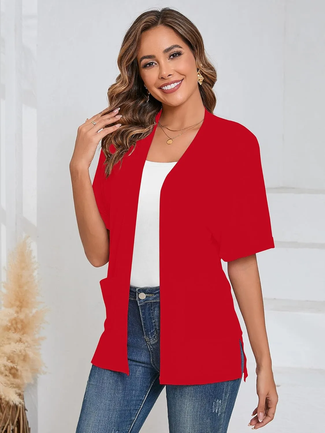 Heymoments Women's Lightweight Open Front Cardigans Short Sleeve Casual Soft Knit Cardigan Sweaters with Pocket S-2XL