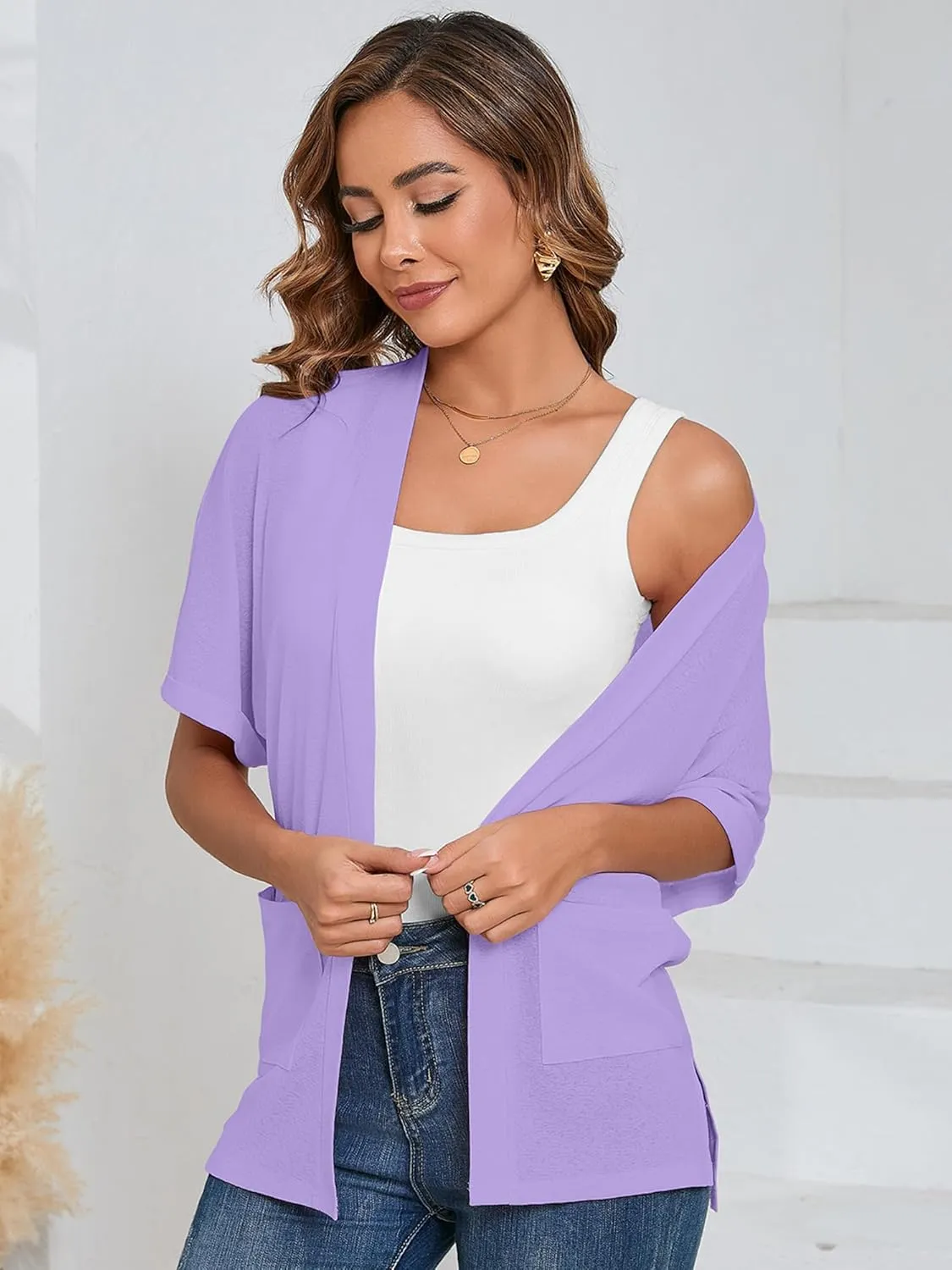 Heymoments Women's Lightweight Open Front Cardigans Short Sleeve Casual Soft Knit Cardigan Sweaters with Pocket S-2XL