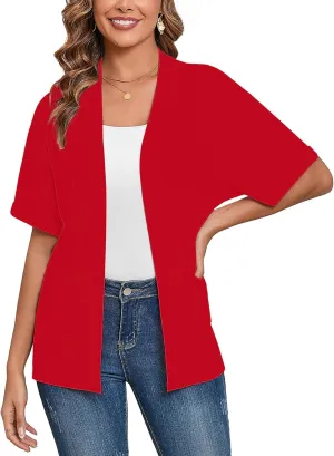 Heymoments Women's Lightweight Open Front Cardigans Short Sleeve Casual Soft Knit Cardigan Sweaters with Pocket S-2XL