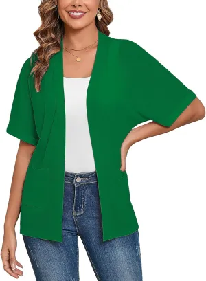 Heymoments Women's Lightweight Open Front Cardigans Short Sleeve Casual Soft Knit Cardigan Sweaters with Pocket S-2XL