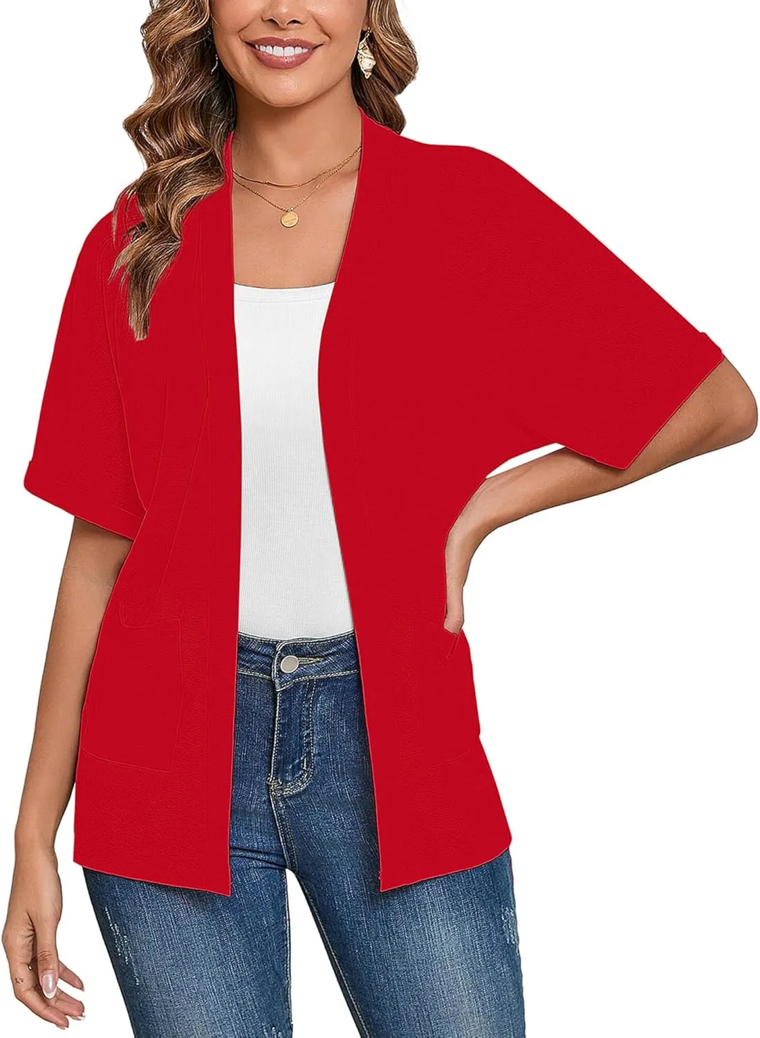 Heymoments Women's Lightweight Open Front Cardigans Short Sleeve Casual Soft Knit Cardigan Sweaters with Pocket S-2XL