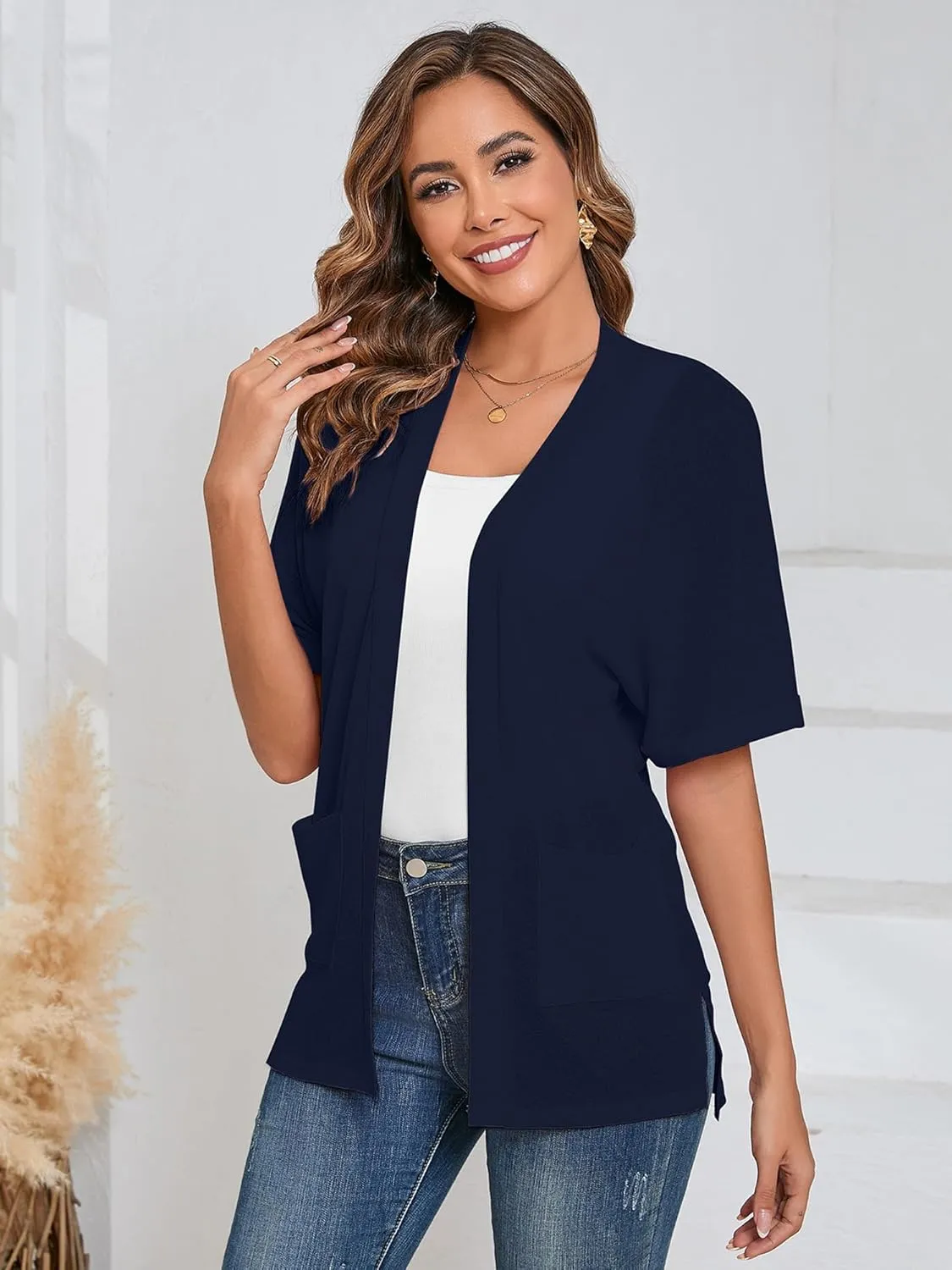 Heymoments Women's Lightweight Open Front Cardigans Short Sleeve Casual Soft Knit Cardigan Sweaters with Pocket S-2XL