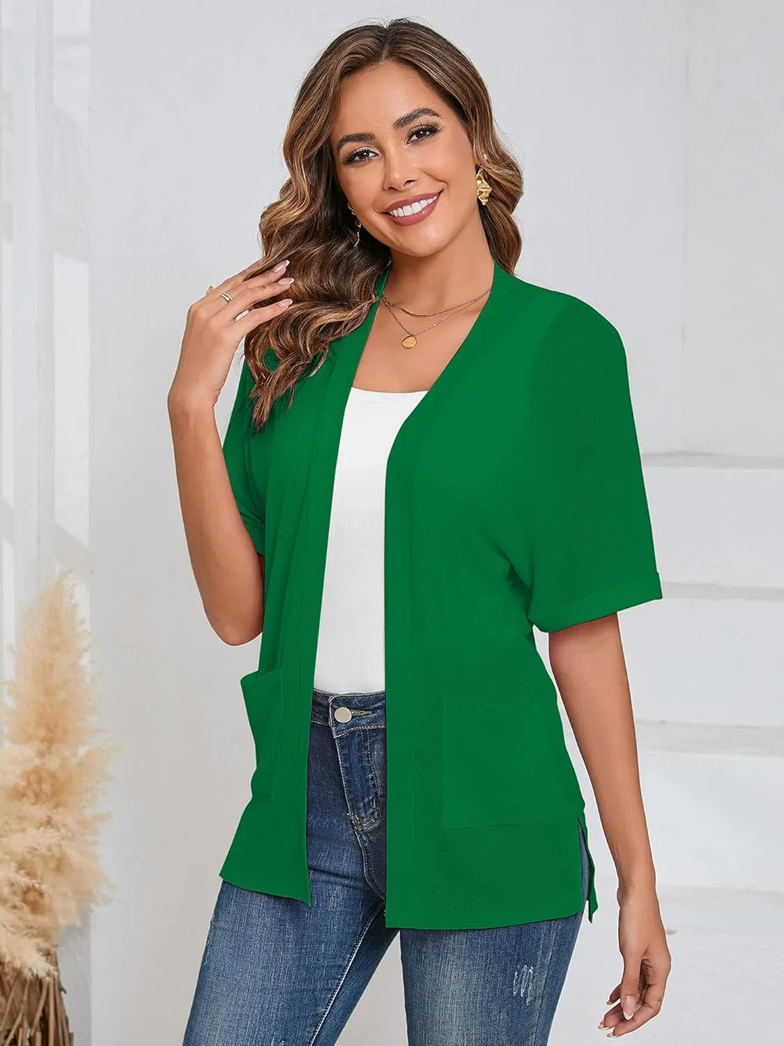 Heymoments Women's Lightweight Open Front Cardigans Short Sleeve Casual Soft Knit Cardigan Sweaters with Pocket S-2XL