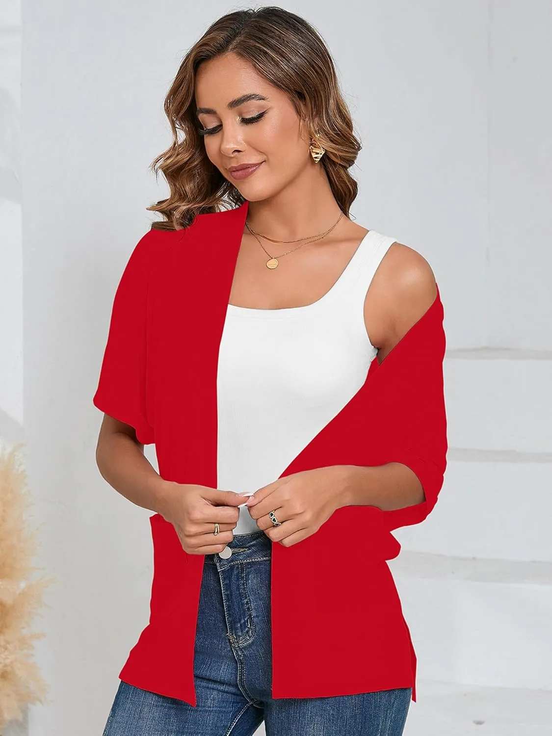Heymoments Women's Lightweight Open Front Cardigans Short Sleeve Casual Soft Knit Cardigan Sweaters with Pocket S-2XL