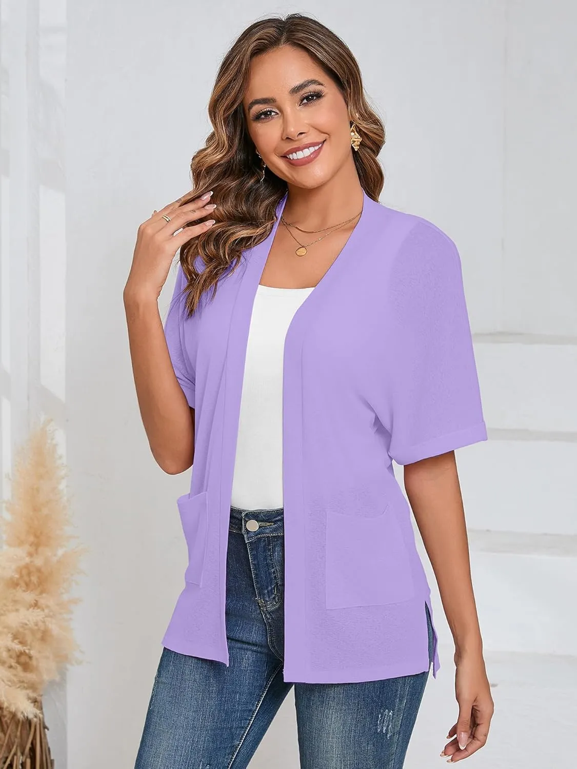 Heymoments Women's Lightweight Open Front Cardigans Short Sleeve Casual Soft Knit Cardigan Sweaters with Pocket S-2XL