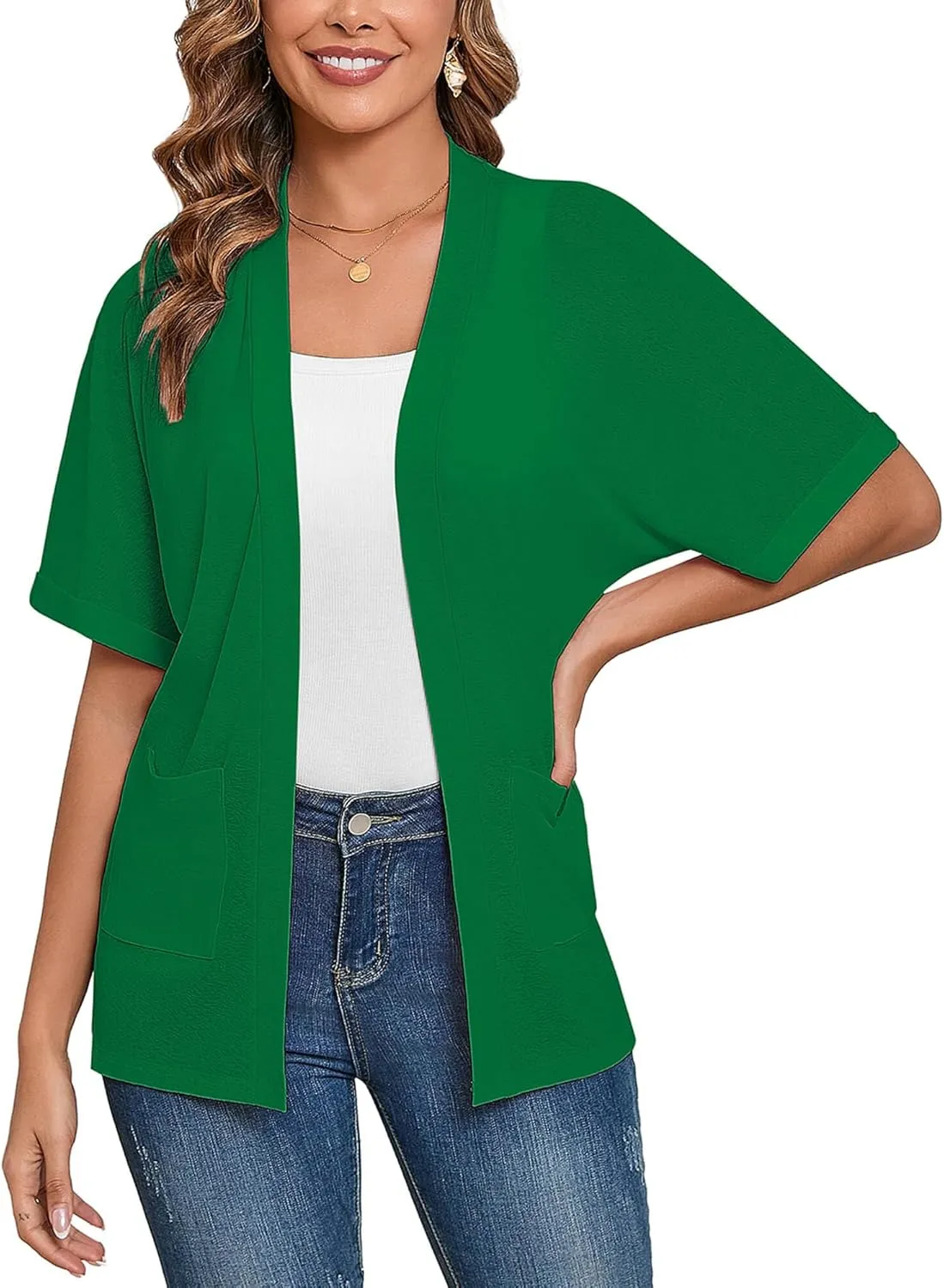 Heymoments Women's Lightweight Open Front Cardigans Short Sleeve Casual Soft Knit Cardigan Sweaters with Pocket S-2XL