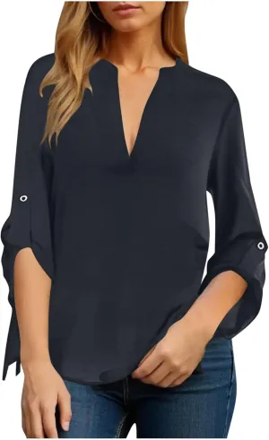 HGps8w Women's Loose V Neck Chiffon Blouses Dressy Casual 3/4 Sleeve Tops Business Work Office Tunic Shirts