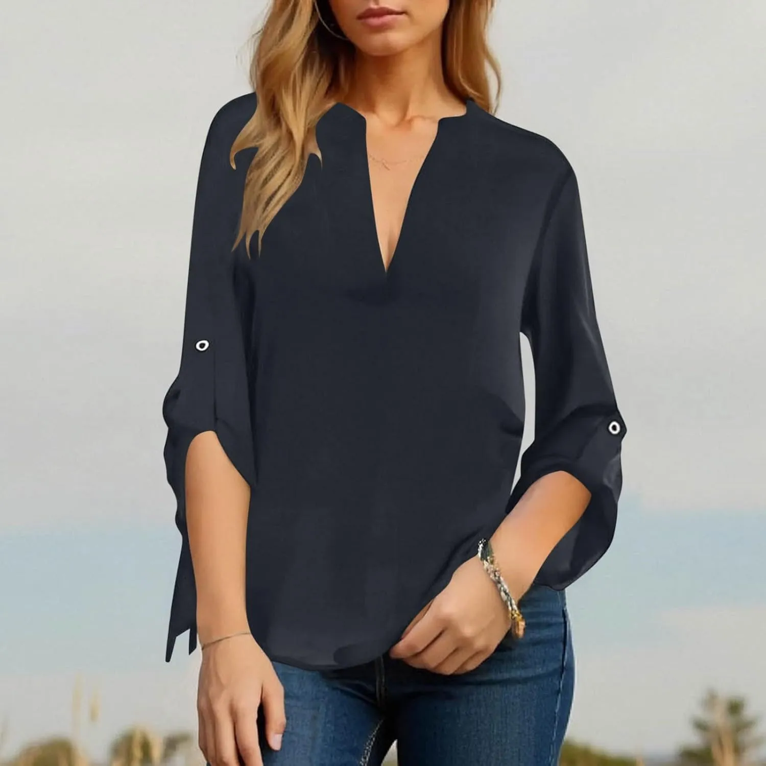 HGps8w Women's Loose V Neck Chiffon Blouses Dressy Casual 3/4 Sleeve Tops Business Work Office Tunic Shirts