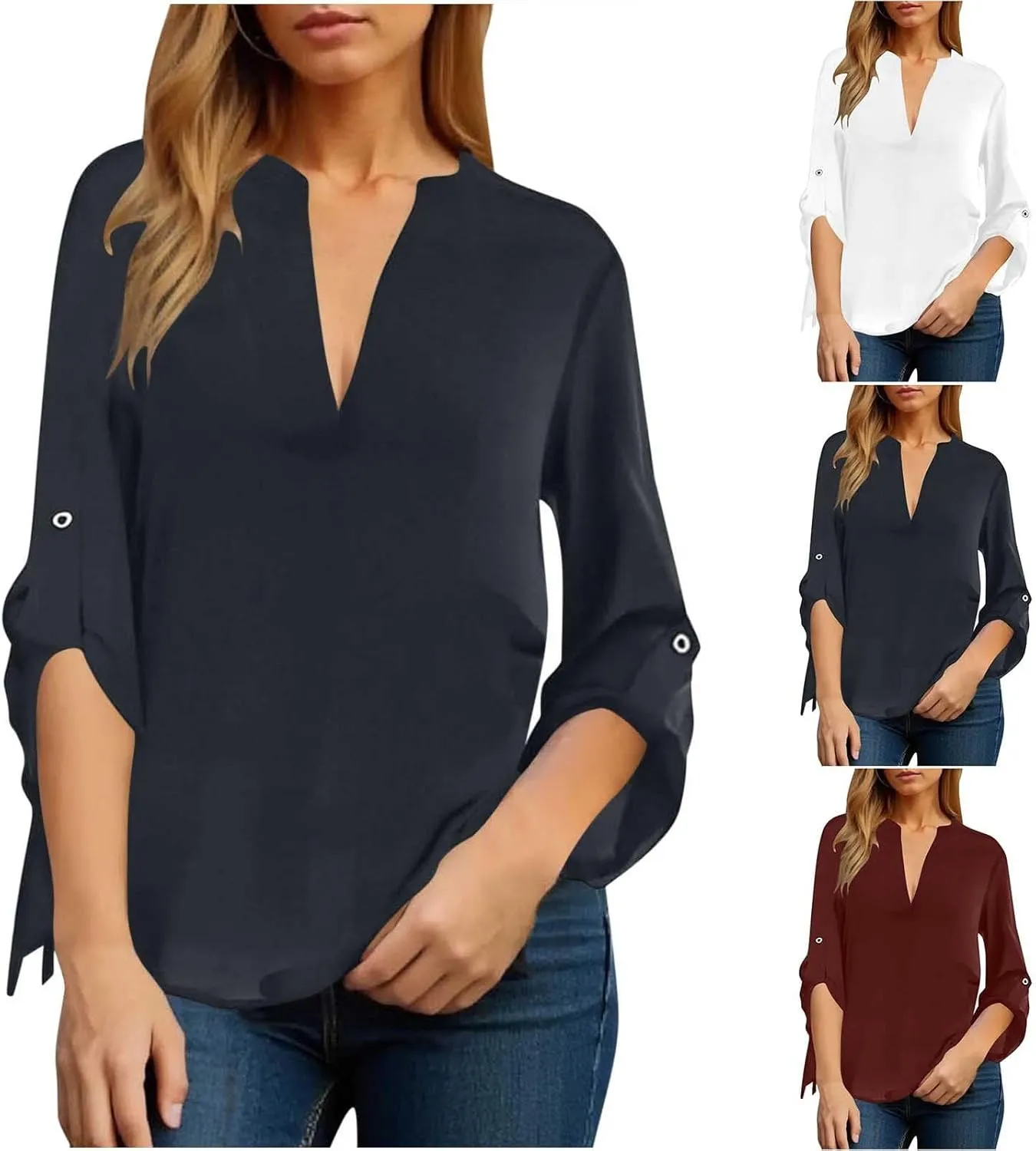 HGps8w Women's Loose V Neck Chiffon Blouses Dressy Casual 3/4 Sleeve Tops Business Work Office Tunic Shirts