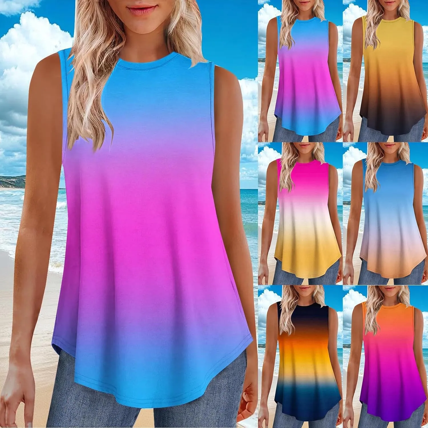 HGps8w Women's Trendy Gradient Tank Tops - Loose Fit Casual Crew Neck Sleeveless Tunic Blouse Cute Summer Flowy Tee Shirts