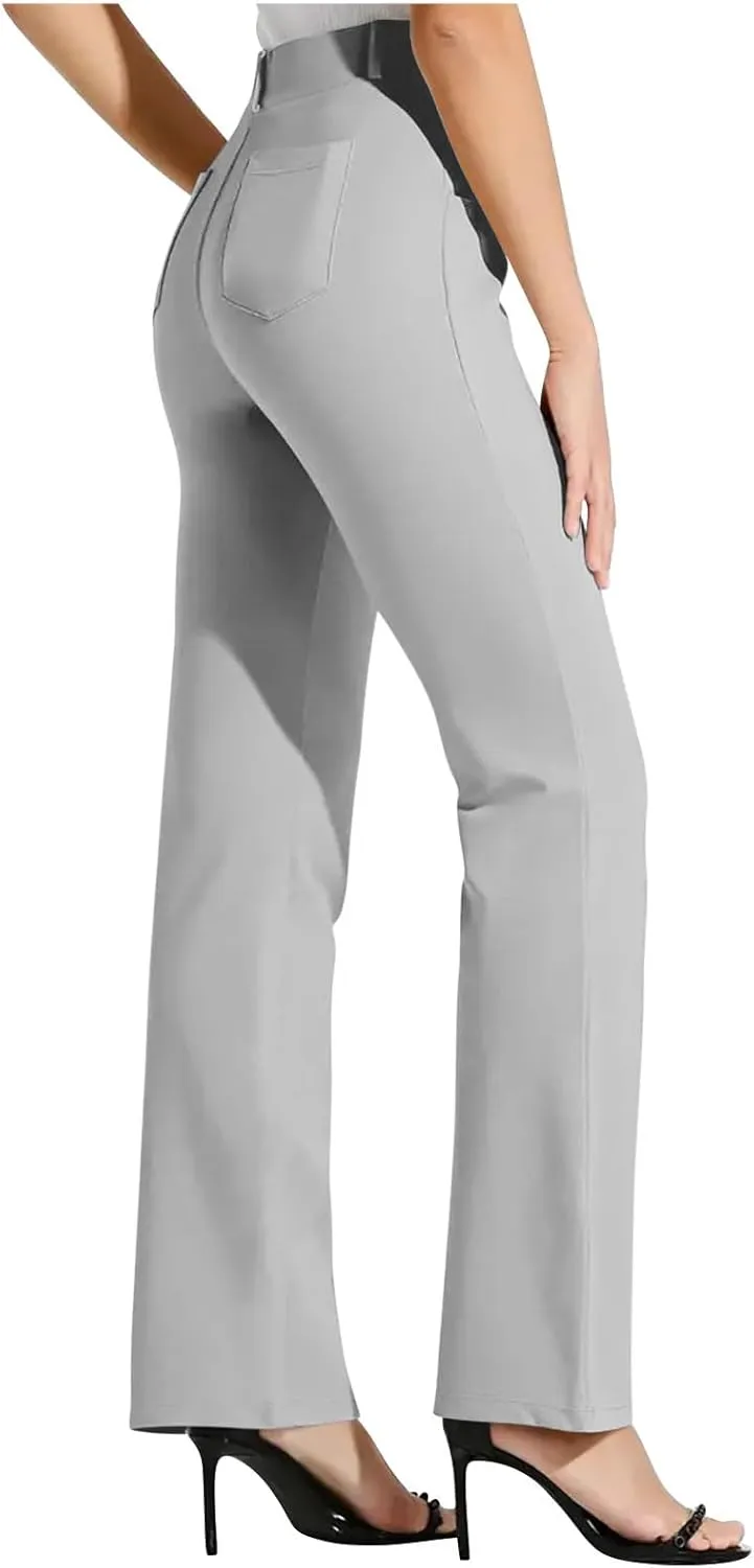 High Waist Work Pants for Women Casual Straight Leg Trousers Stretch Waist Basic Solid Color Office Dress Pants