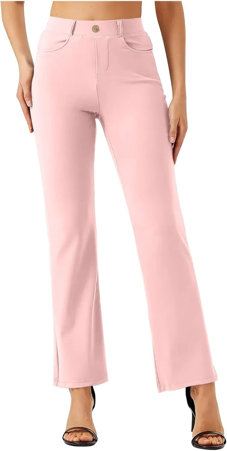 High Waist Work Pants for Women Casual Straight Leg Trousers Stretch Waist Basic Solid Color Office Dress Pants