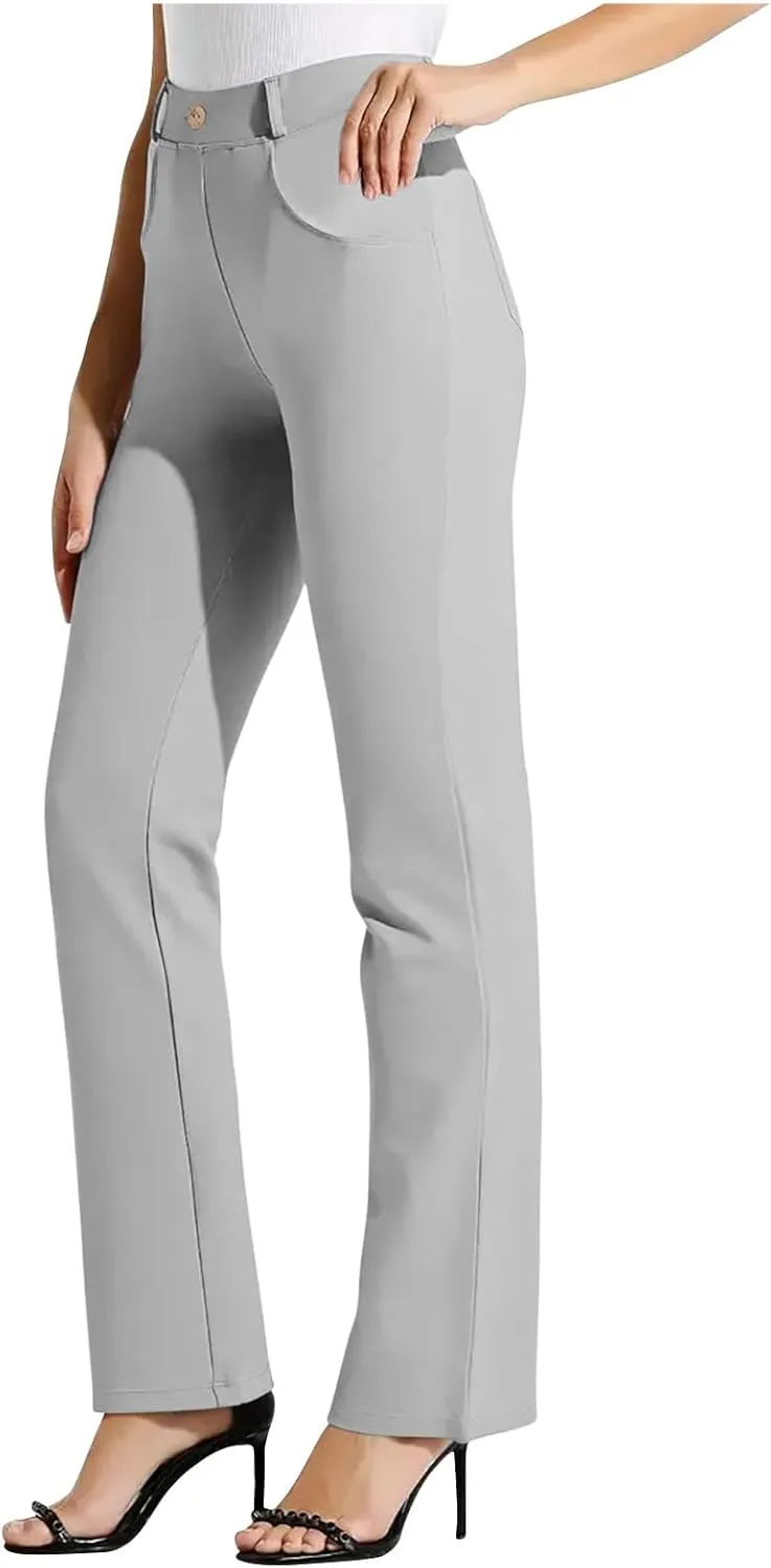 High Waist Work Pants for Women Casual Straight Leg Trousers Stretch Waist Basic Solid Color Office Dress Pants