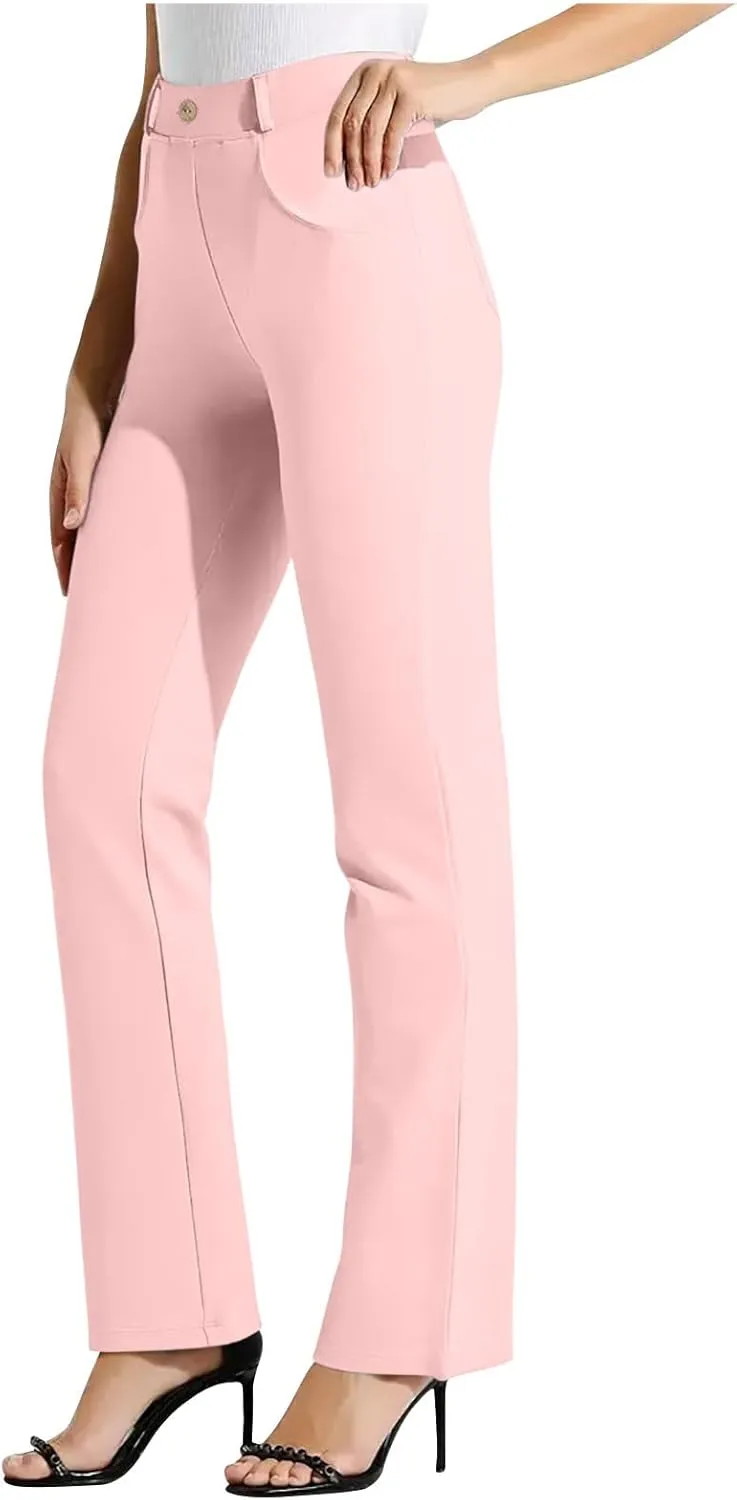 High Waist Work Pants for Women Casual Straight Leg Trousers Stretch Waist Basic Solid Color Office Dress Pants