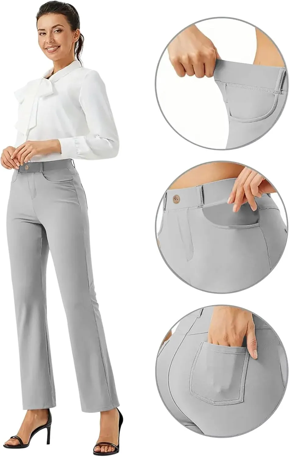High Waist Work Pants for Women Casual Straight Leg Trousers Stretch Waist Basic Solid Color Office Dress Pants