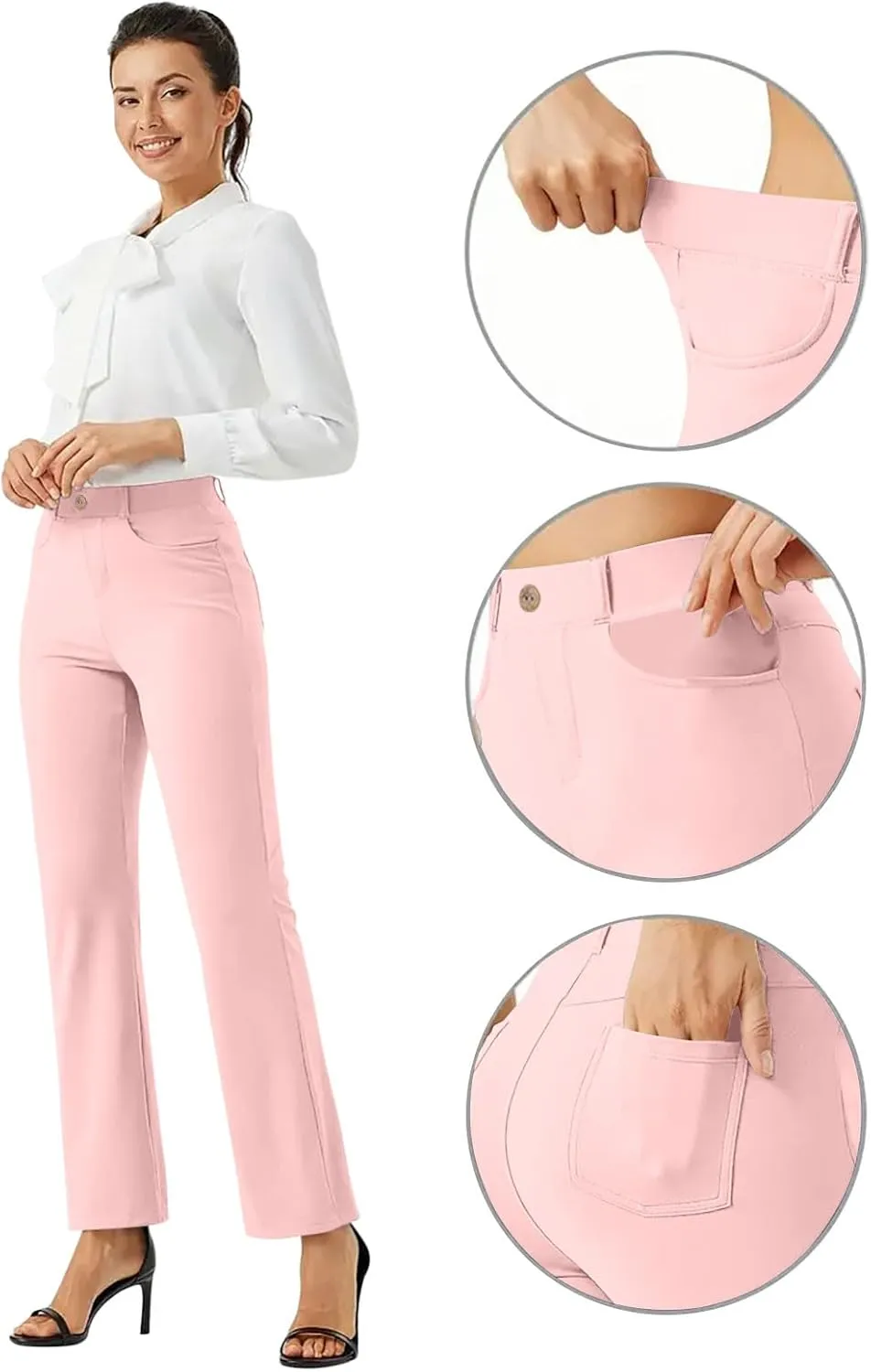 High Waist Work Pants for Women Casual Straight Leg Trousers Stretch Waist Basic Solid Color Office Dress Pants