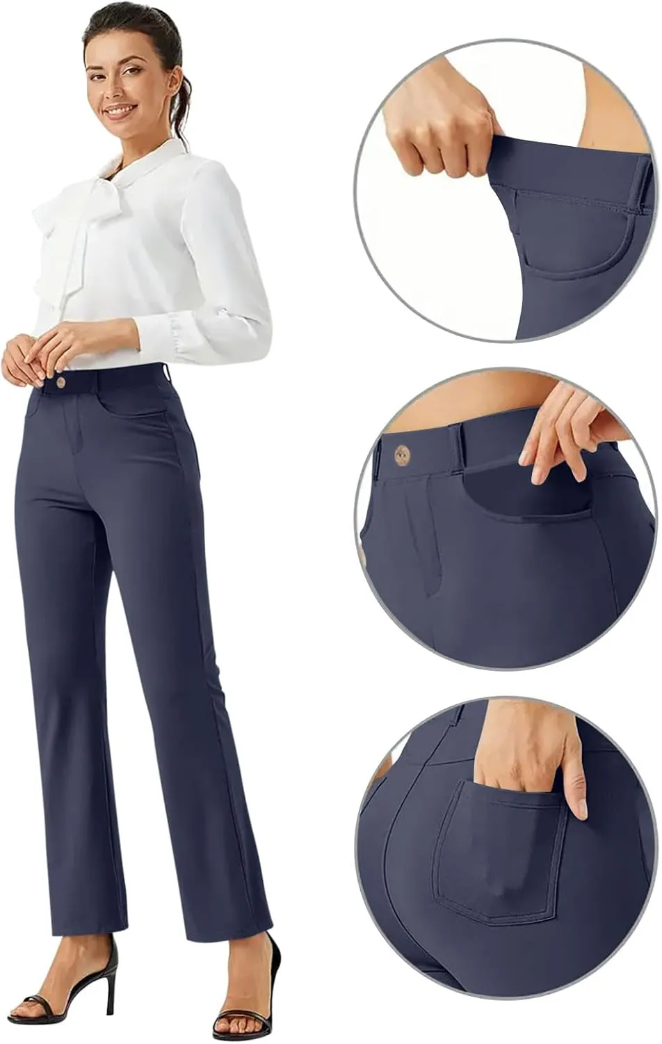 High Waist Work Pants for Women Casual Straight Leg Trousers Stretch Waist Basic Solid Color Office Dress Pants