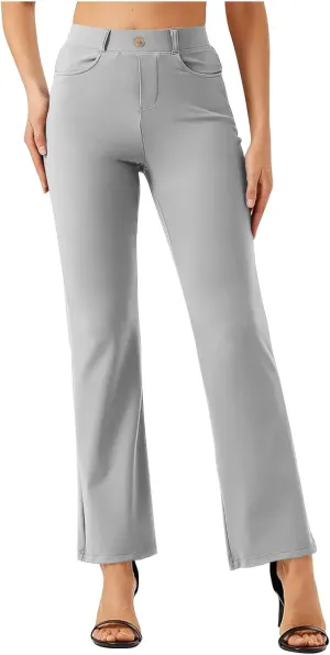 High Waist Work Pants for Women Casual Straight Leg Trousers Stretch Waist Basic Solid Color Office Dress Pants