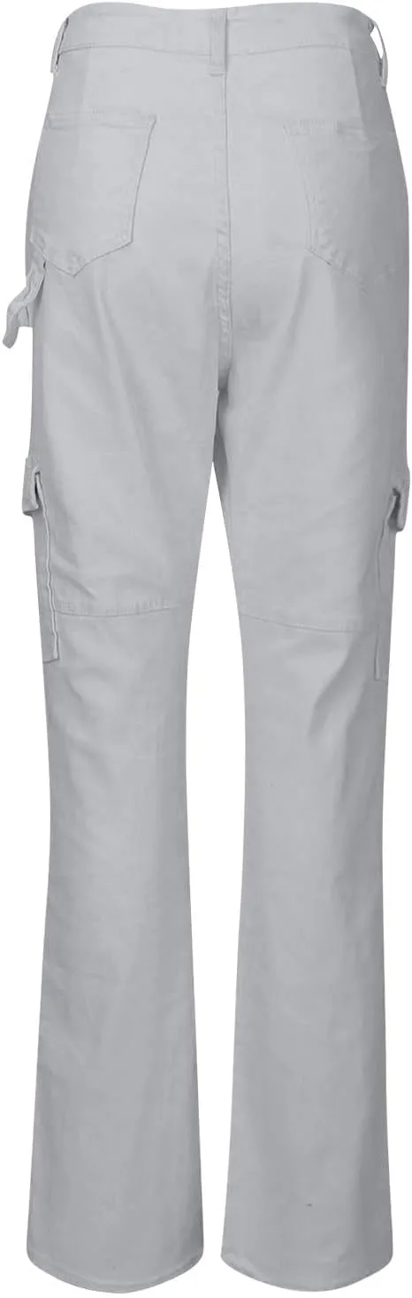 High Waisted Cargo Pants for Women Casual Baggy Cargo Jeans Straight Wide Leg Trousers Stretchy Pants with Pockets