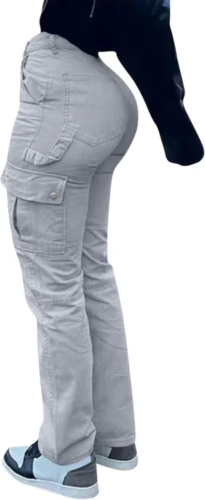 High Waisted Cargo Pants for Women Casual Baggy Cargo Jeans Straight Wide Leg Trousers Stretchy Pants with Pockets
