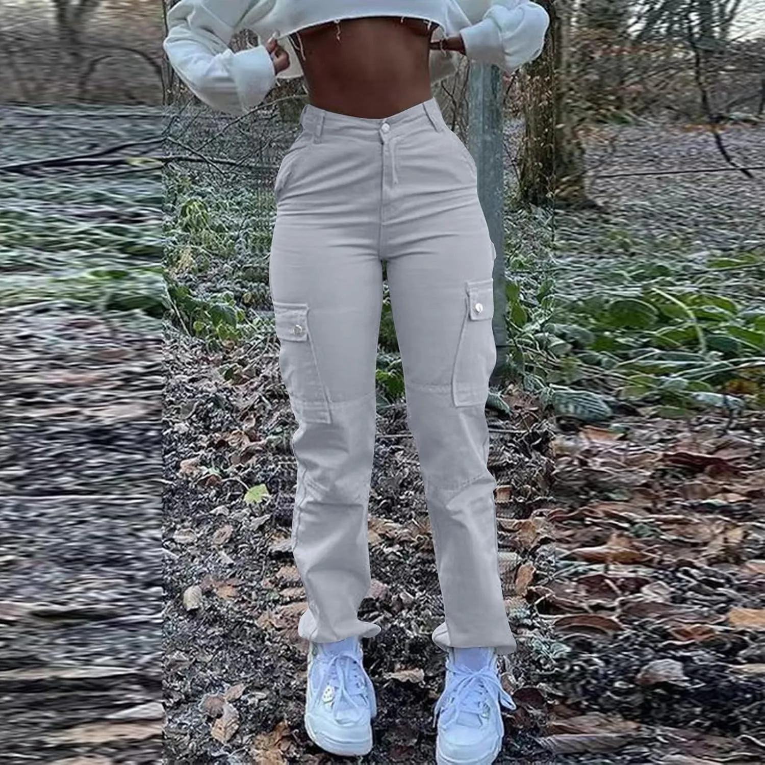 High Waisted Cargo Pants for Women Casual Baggy Cargo Jeans Straight Wide Leg Trousers Stretchy Pants with Pockets