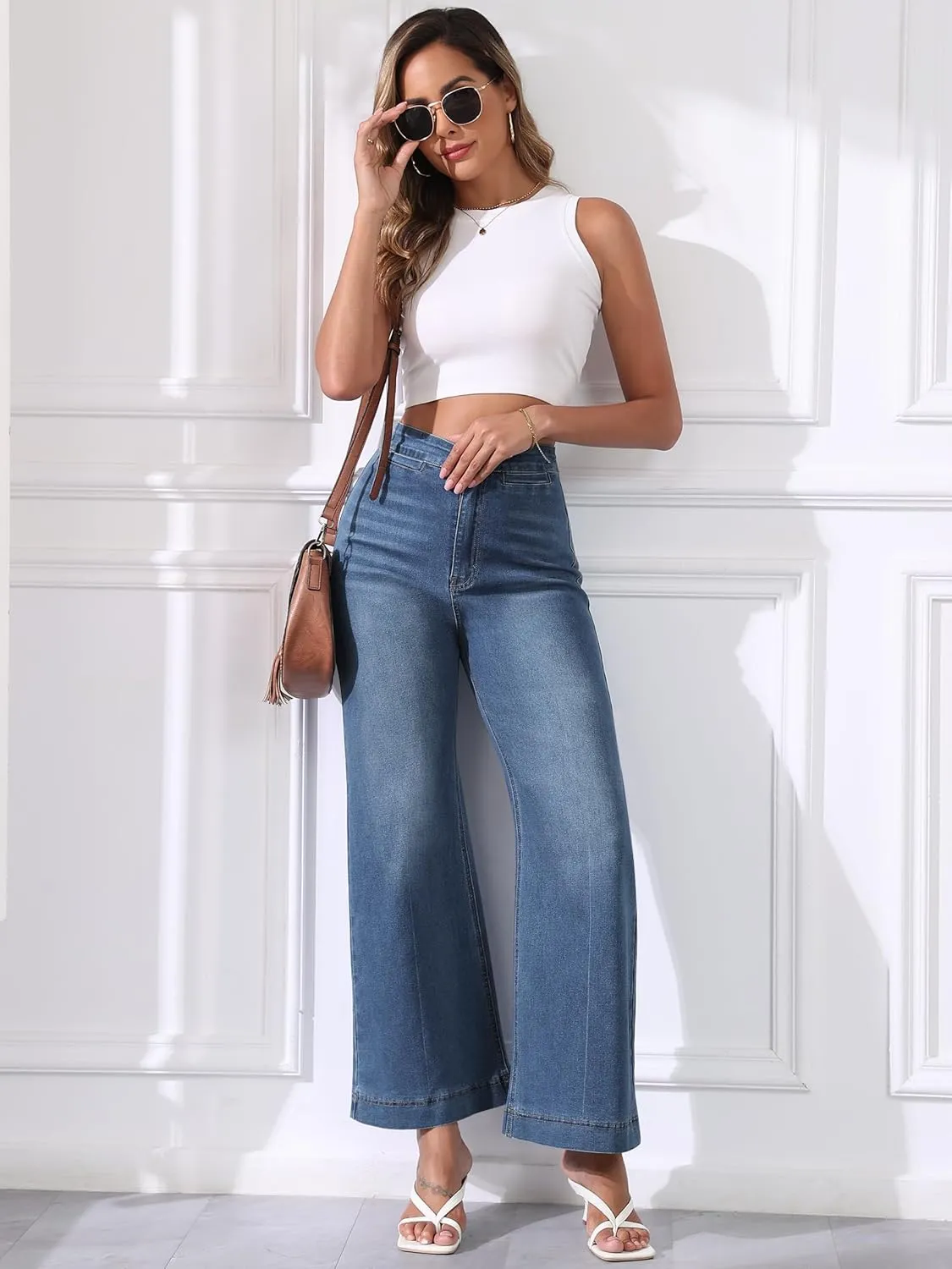 High Waisted Wide Leg Jeans Stretchy Flare Jeans for Women Loose Baggy Denim Pants with Pockets Y2K Trendy