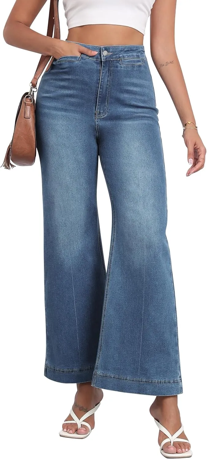 High Waisted Wide Leg Jeans Stretchy Flare Jeans for Women Loose Baggy Denim Pants with Pockets Y2K Trendy