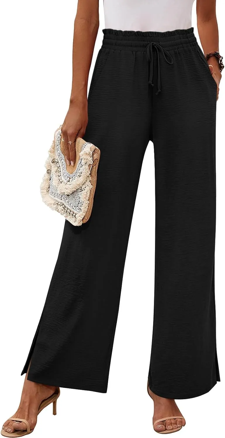 HOTGIFT 2025 Womens Pants Wide Leg High Waisted Adjustable Drawstring Trousers with Pockets Casual Lightweight