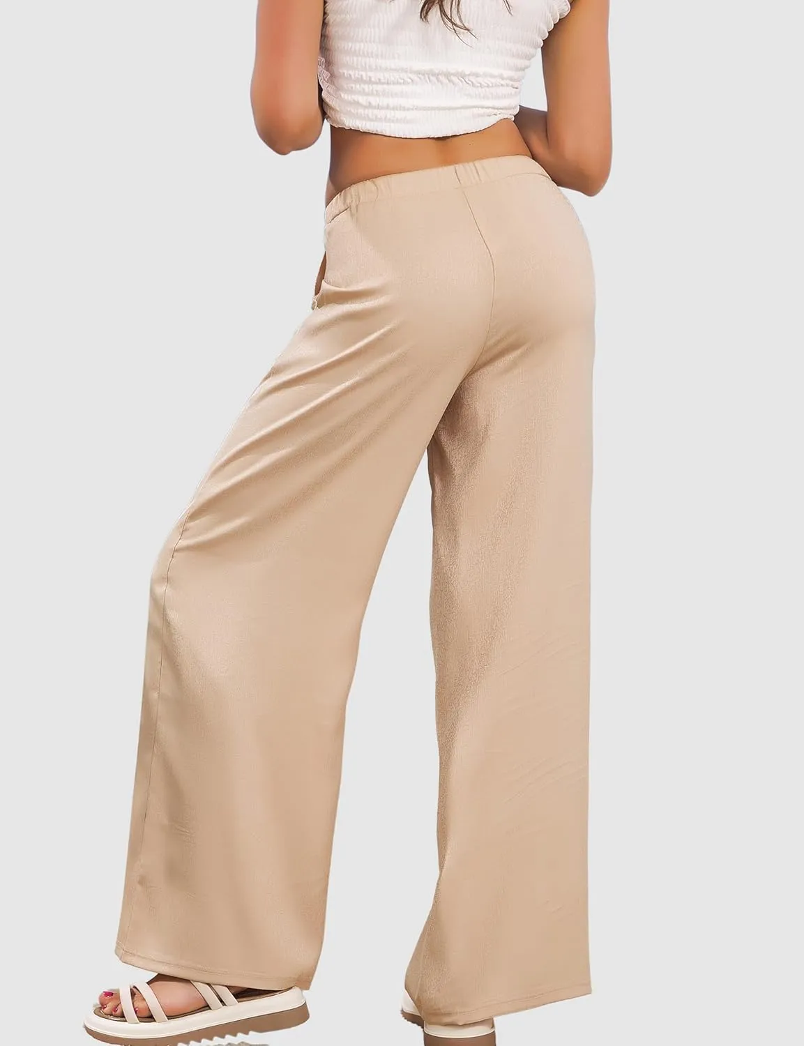 JK SUE JONES Linen Pants Women Summer Wide Leg Flowy Beach Satin Palazzo Pants Loose Casual Lounge Trousers