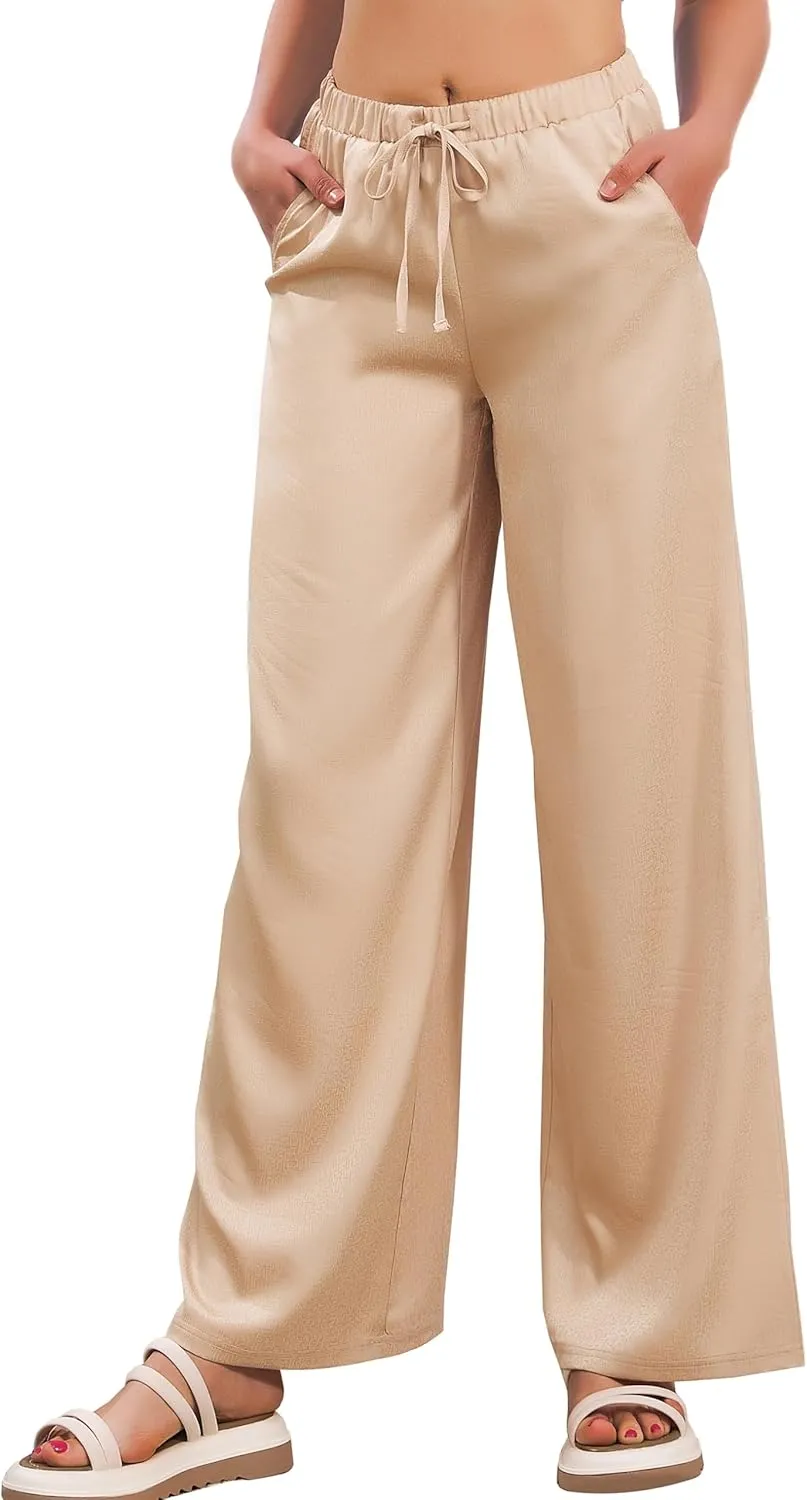 JK SUE JONES Linen Pants Women Summer Wide Leg Flowy Beach Satin Palazzo Pants Loose Casual Lounge Trousers