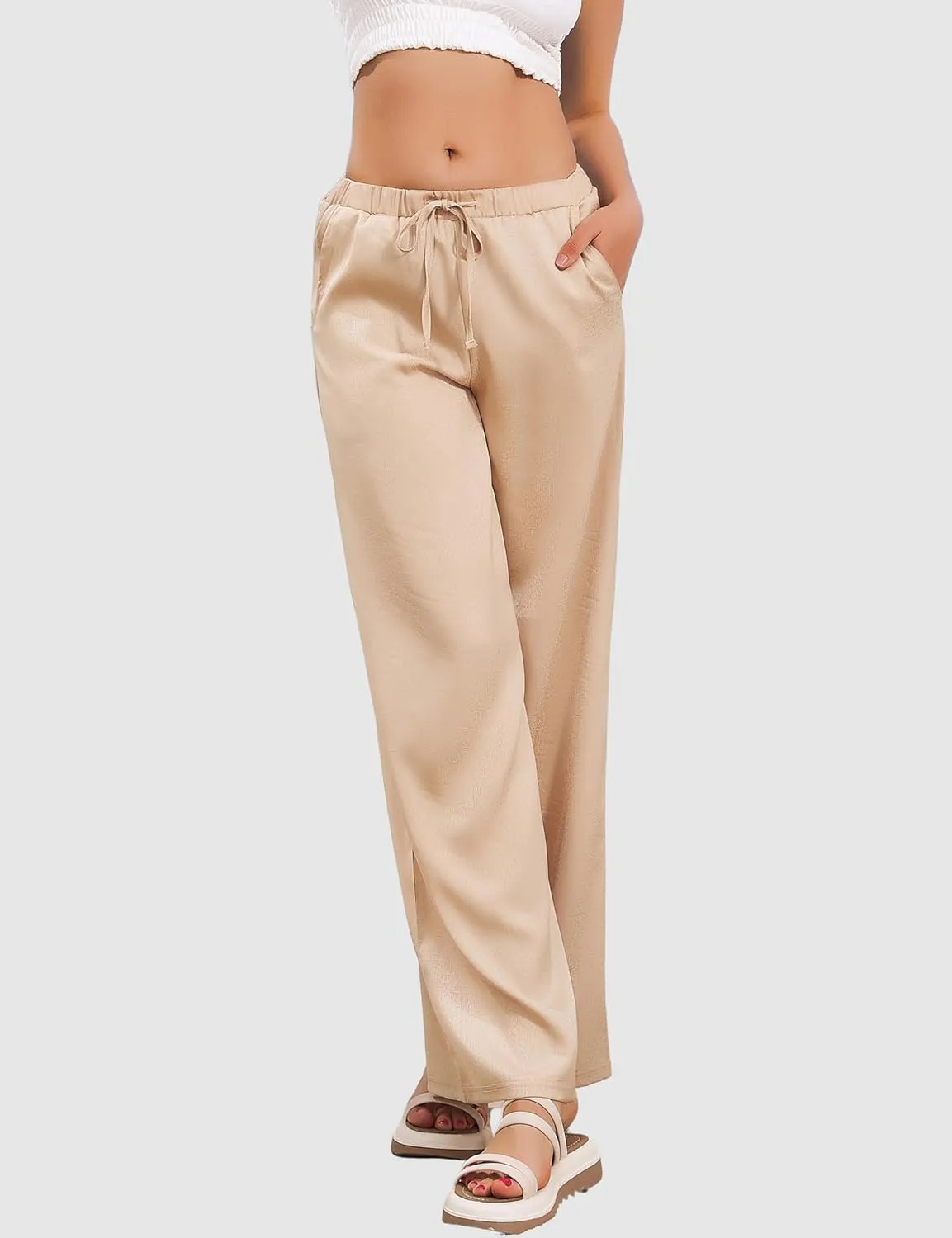 JK SUE JONES Linen Pants Women Summer Wide Leg Flowy Beach Satin Palazzo Pants Loose Casual Lounge Trousers