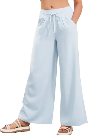 JK SUE JONES Linen Pants Women Summer Wide Leg Flowy Beach Satin Palazzo Pants Loose Casual Lounge Trousers