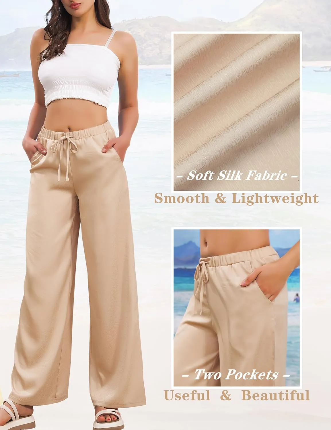 JK SUE JONES Linen Pants Women Summer Wide Leg Flowy Beach Satin Palazzo Pants Loose Casual Lounge Trousers