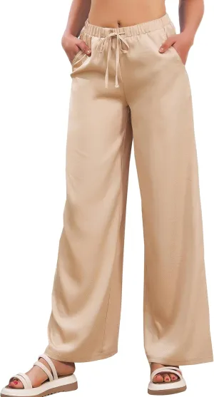 JK SUE JONES Linen Pants Women Summer Wide Leg Flowy Beach Satin Palazzo Pants Loose Casual Lounge Trousers