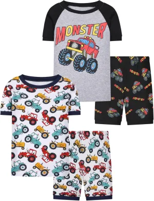 Joyond Boys Pure Cotton Summer Pjs for 2-14 Years, Kids Short Sleeve 4-Piece Pajamas Set Little Boys Sleepwear